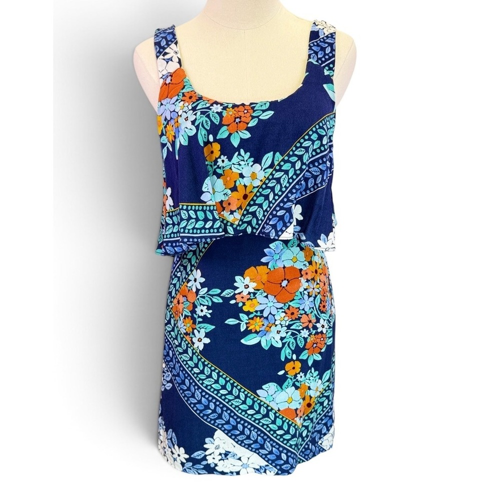 Maeve Anthropologie Layered Navy Floral Mini Dress Womens 2P Sleeveless Scoop